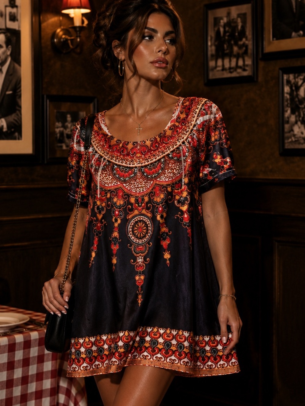 Vintage Y2K Baroque Satin Puff Sleeve Mini Dress Medusa Scarf Print Boho Glam M